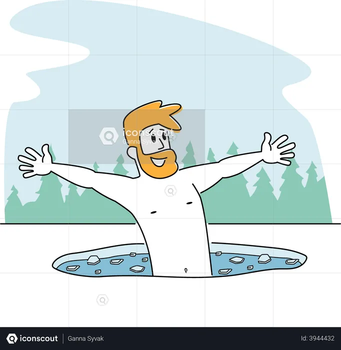 Male Swimming in Ice Hole in Winter Season  Illustration