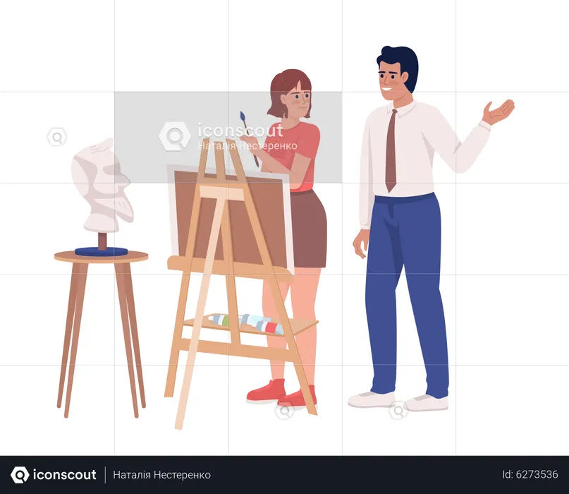 Male teacher instructing female student about art  Illustration