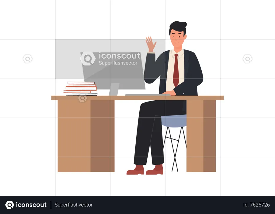 Male teacher sitting on computer desk  Illustration