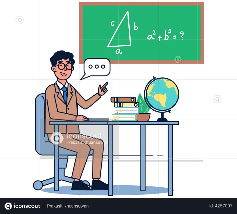 Male teacher standing teach math by school chalkboard  Illustration