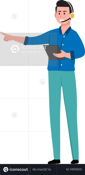 Male teacher teaching course using headphones with tablet  Illustration