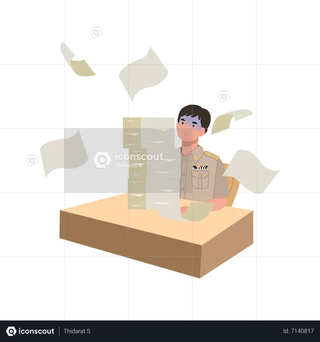 Male Thai government officer with too overload paper worksheet on desk  Illustration