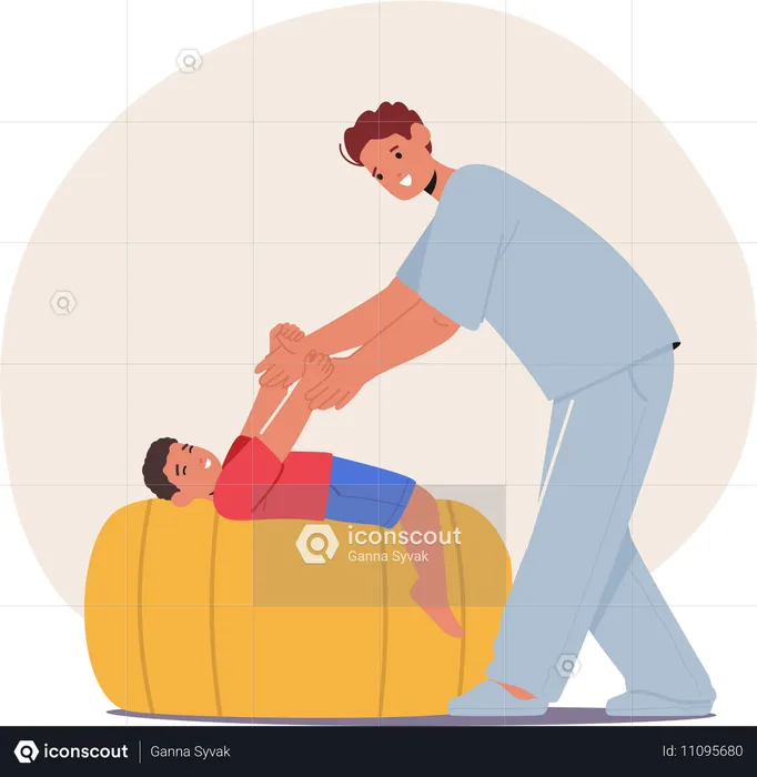 Male Therapist Character Assists Young Boy Performing Physical Rehabilitation Exercise  Illustration