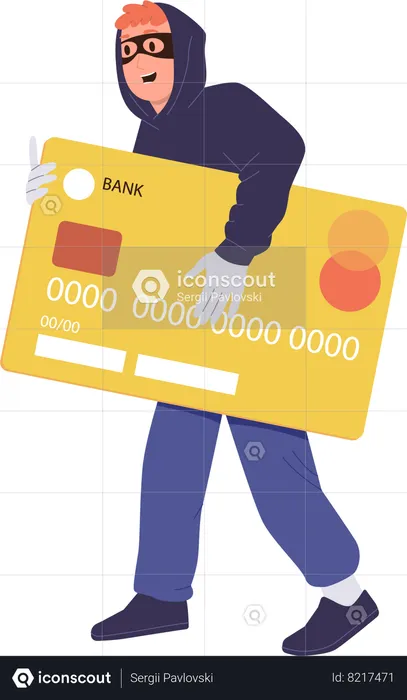 Male thief wearing face mask and hoodie stealing credit card  Illustration