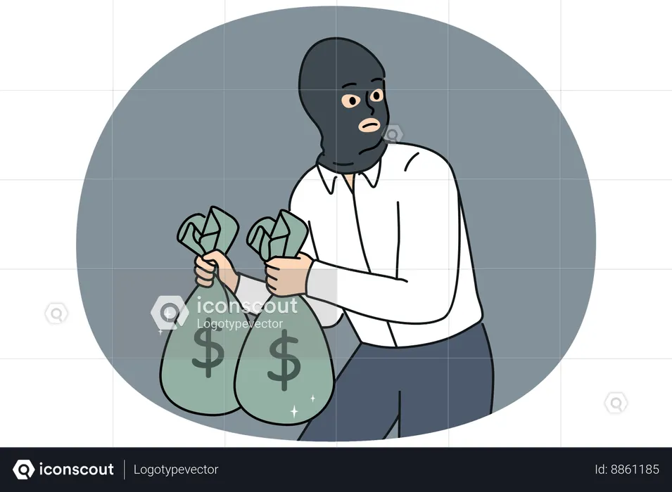 Male thief with money bags in hands  Illustration