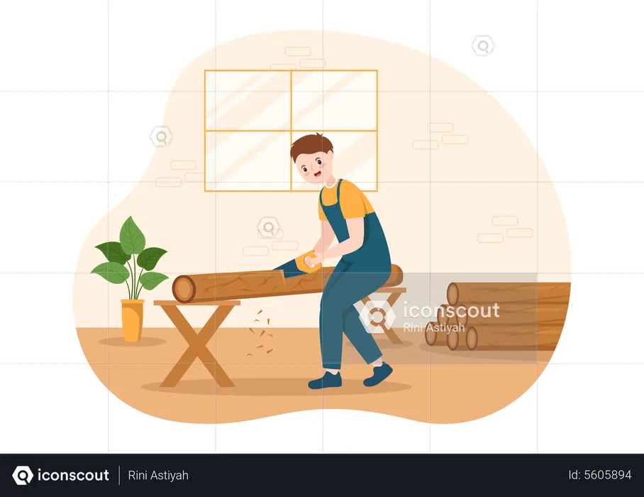 Male timber cutting wooden log with Chainsaw  Illustration