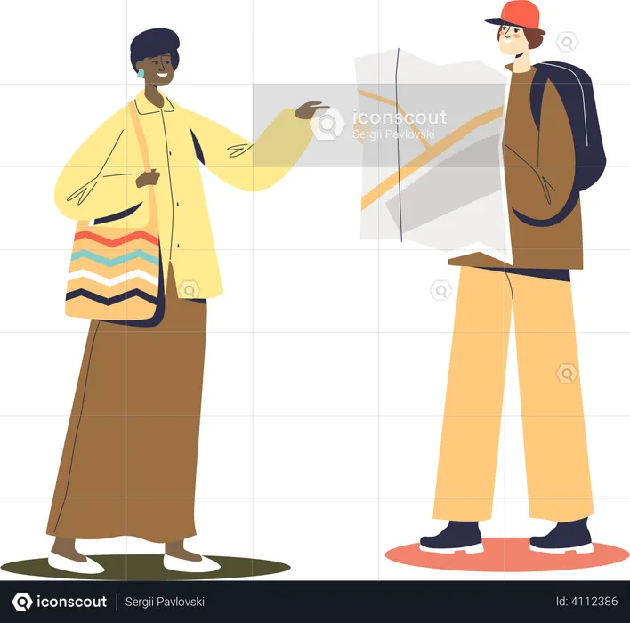 Male tourist asking local woman direction  Illustration