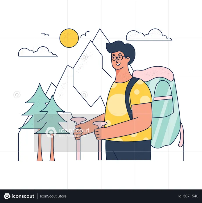 Male tourist do hiking at snow forest  Illustration