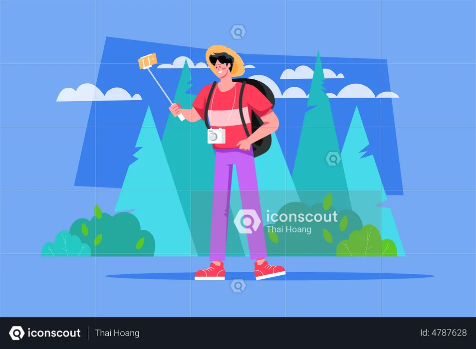 Male tourist doing live streaming  Illustration