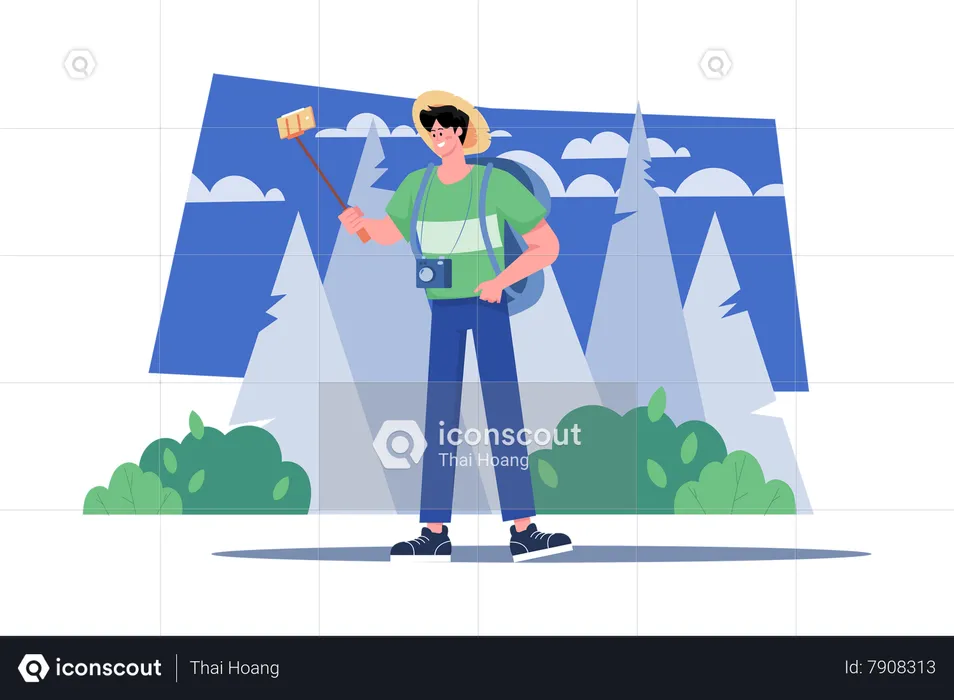 Male tourist doing live streaming  Illustration
