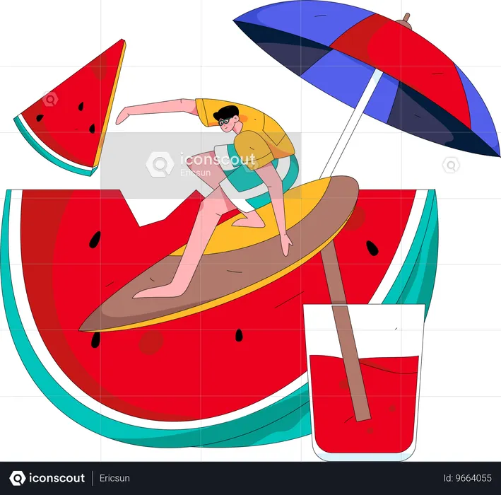 Male tourist enjoying surfboard  Illustration