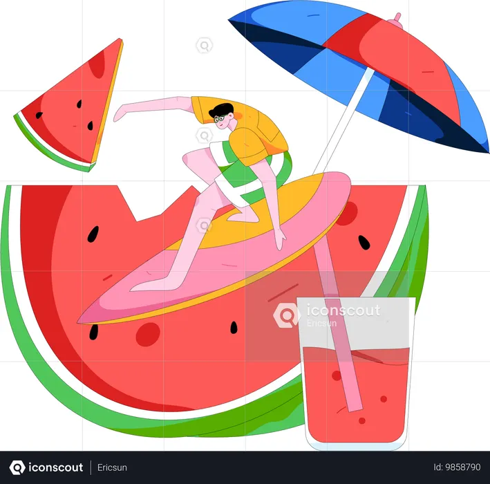 Male tourist enjoying surfboard  Illustration