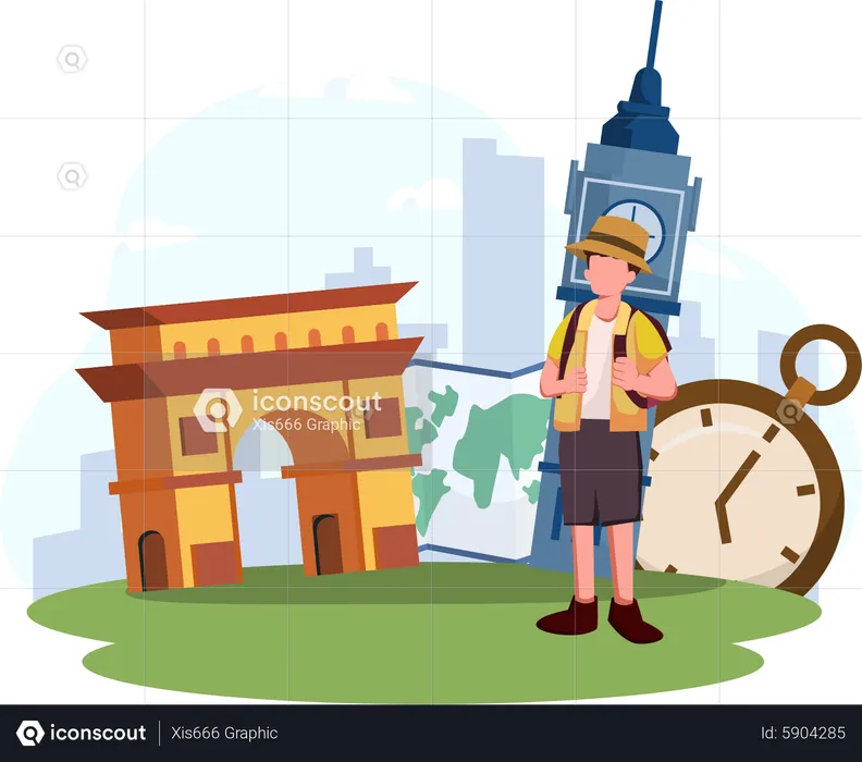 Male tourist enjoying trip  Illustration