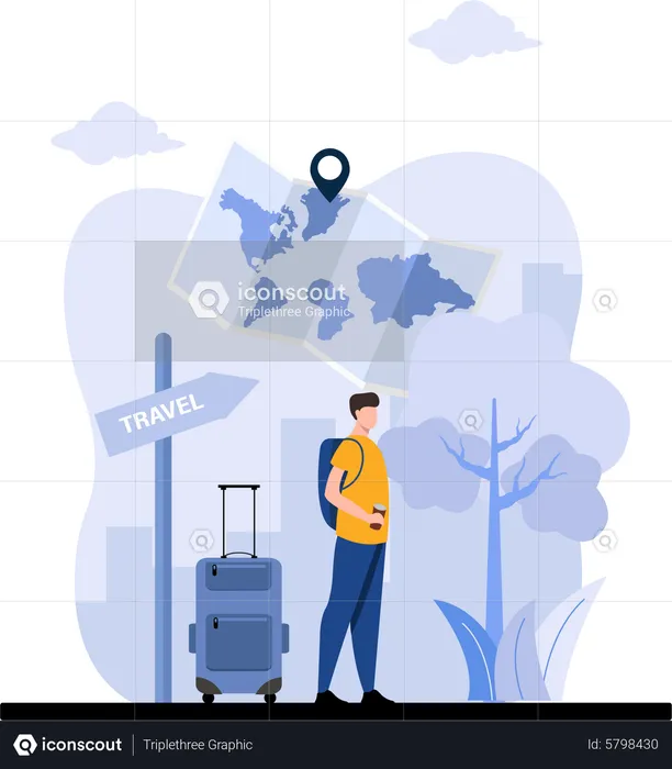 Male tourist going international trip  Illustration