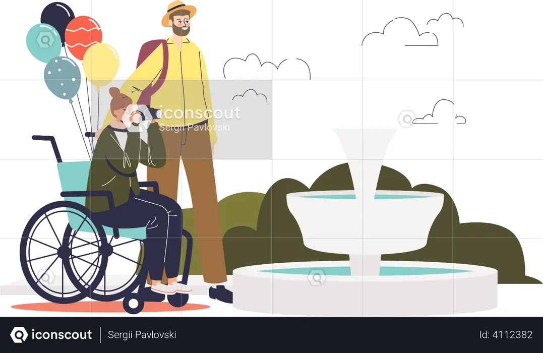 Male tourist helping woman on wheelchair  Illustration