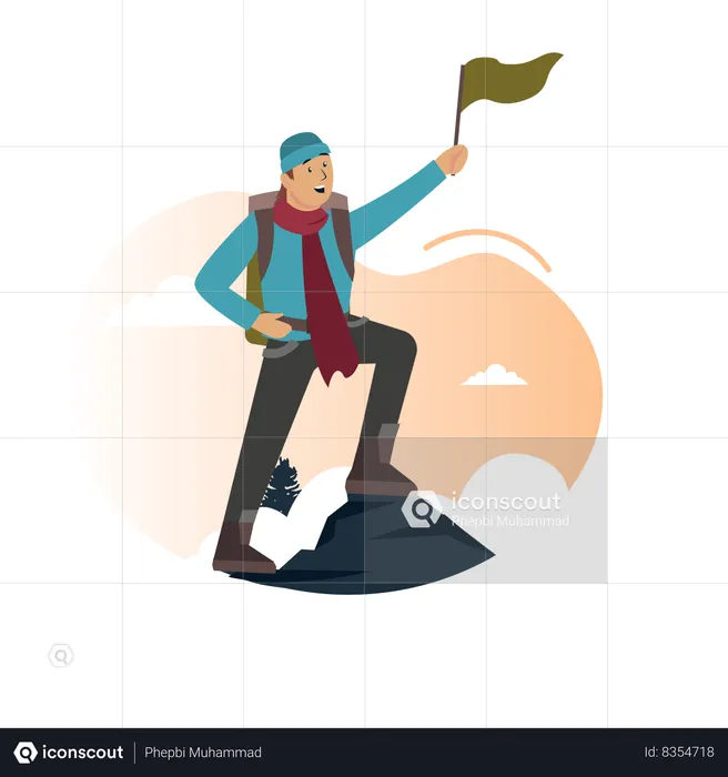 Male tourist holding flag on mountain  Illustration