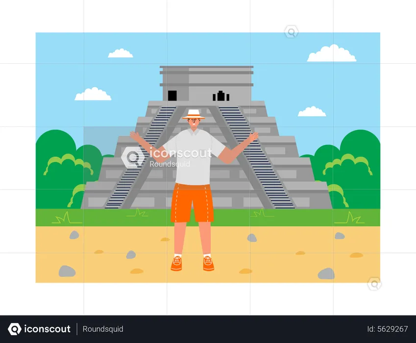 Male tourist standing at El Castillo  Illustration