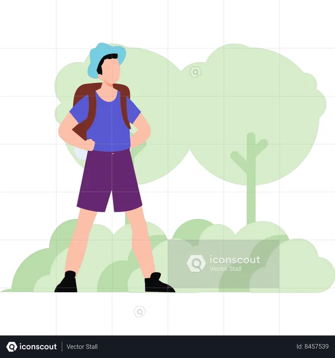 Male tourist standing in forest  Illustration