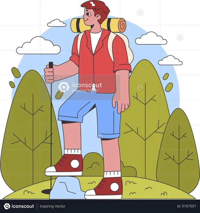 Male tourist standing with trekking stick and backpack  Illustration