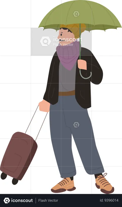 Male Tourist Standing With Umbrella and Luggage  Illustration
