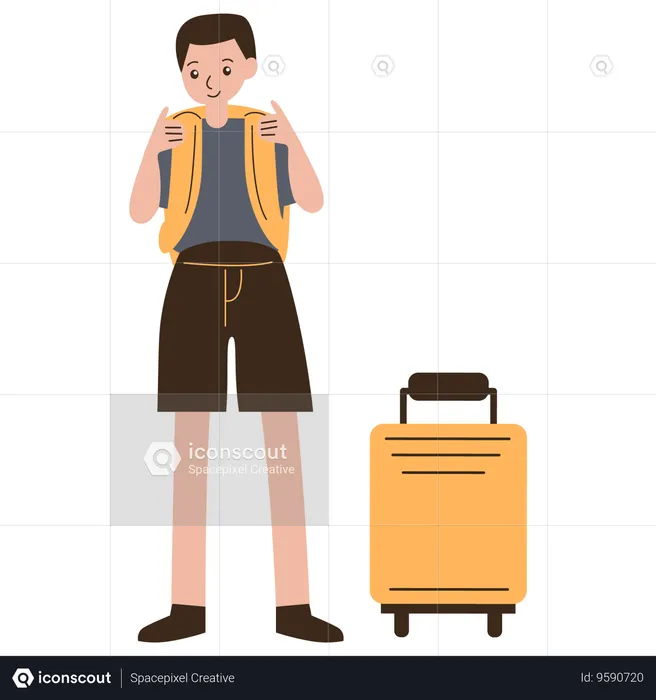 Male Tourist with Backpack and Suitcase  Illustration