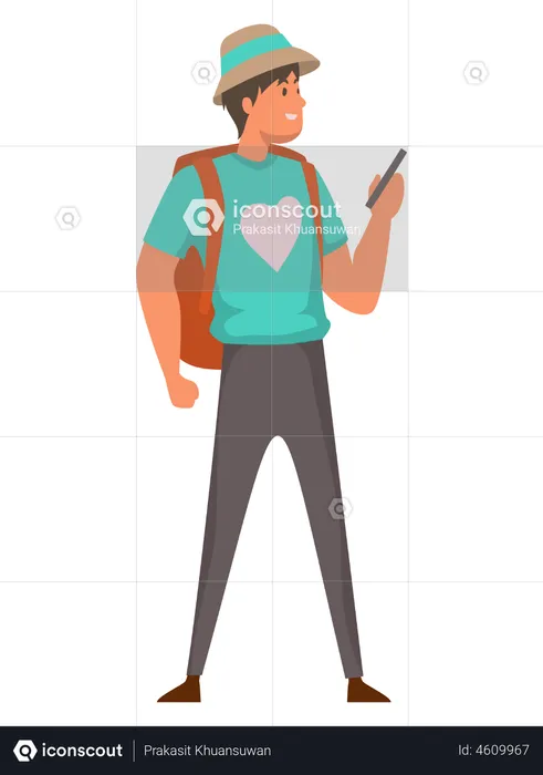 Male tourist with backpack holding phone  Illustration