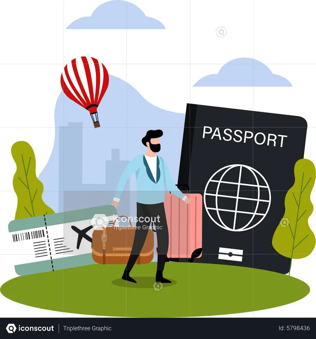 Male tourist with luggage and passport  Illustration