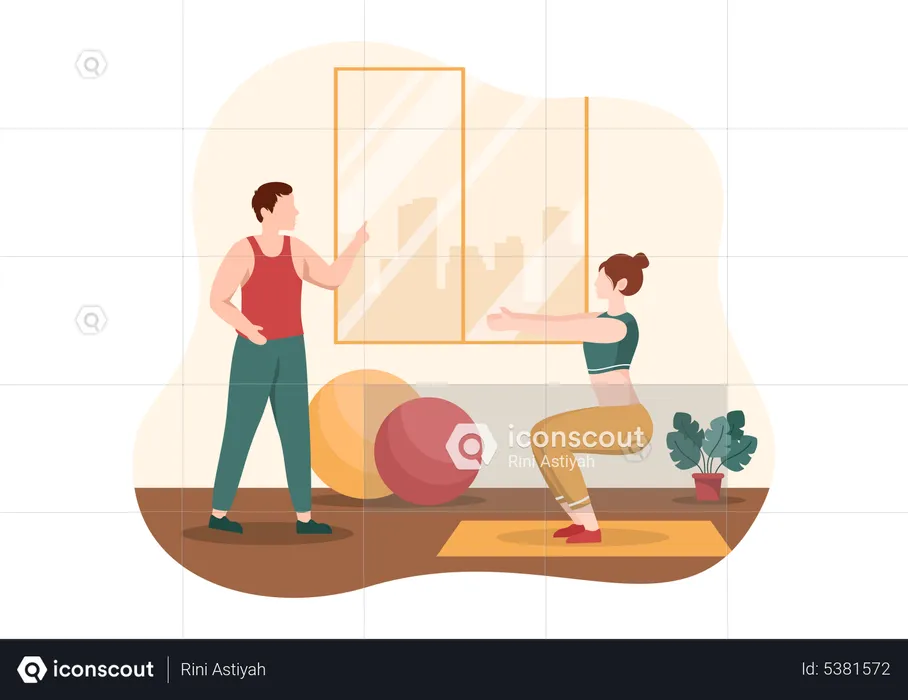 Male trainer teaching gym exercise to woman  Illustration