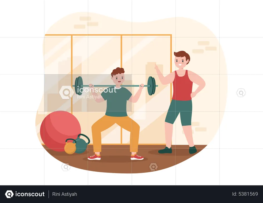 Male trainer training boy at gym  Illustration