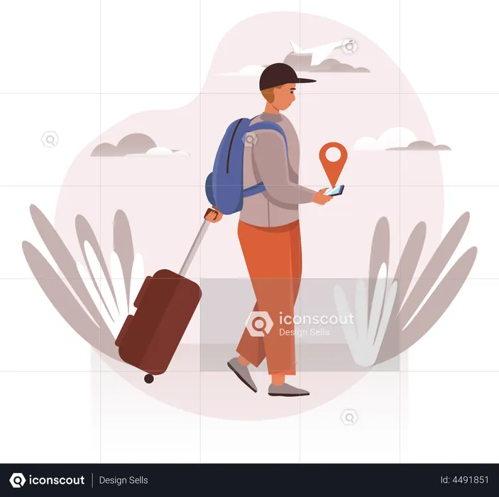 Male Traveler Looking location on mobile  Illustration