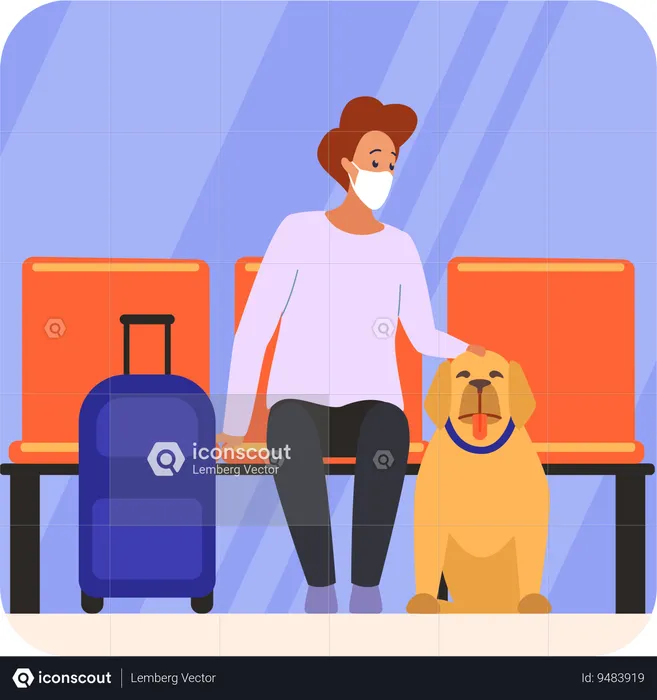 Male traveler sitting with dog  Illustration