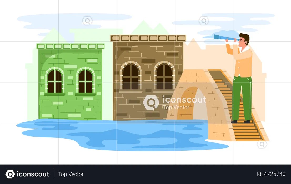Male traveler stands on small stone bridge over river in old town with low brick ancient building  Illustration