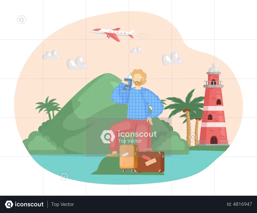 Male traveler stands with luggage next to lighthouse in sea  Illustration