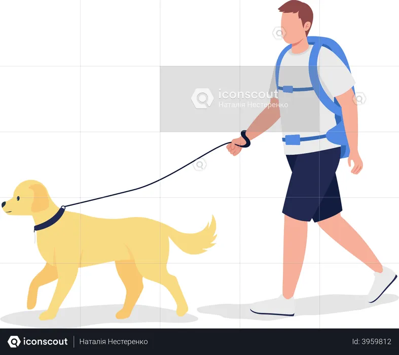 Male traveler walking with dog  Illustration