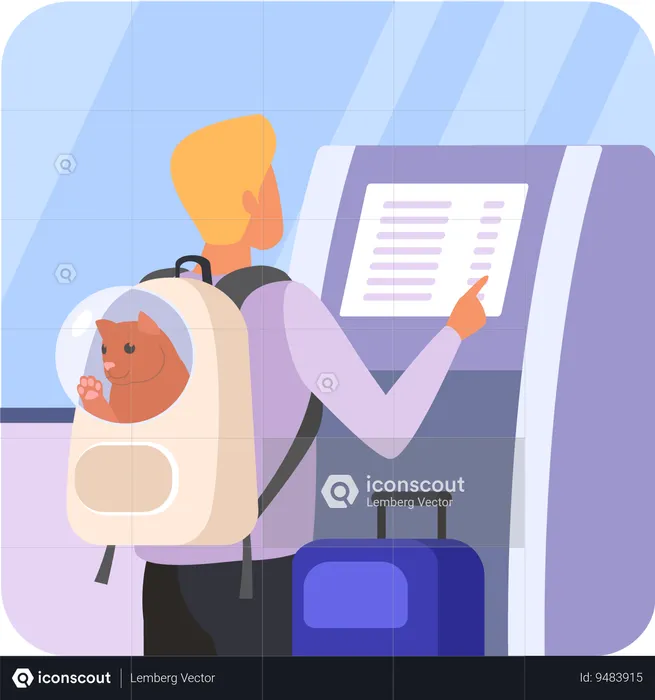Male traveler with cat at airport  Illustration