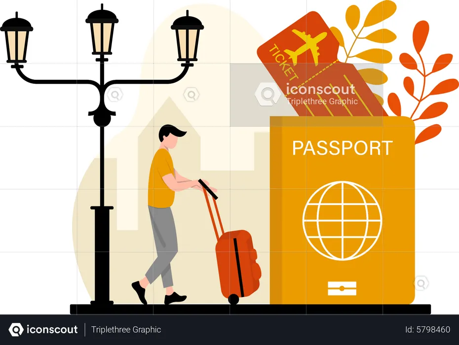 Male traveler with passport and luggage  Illustration