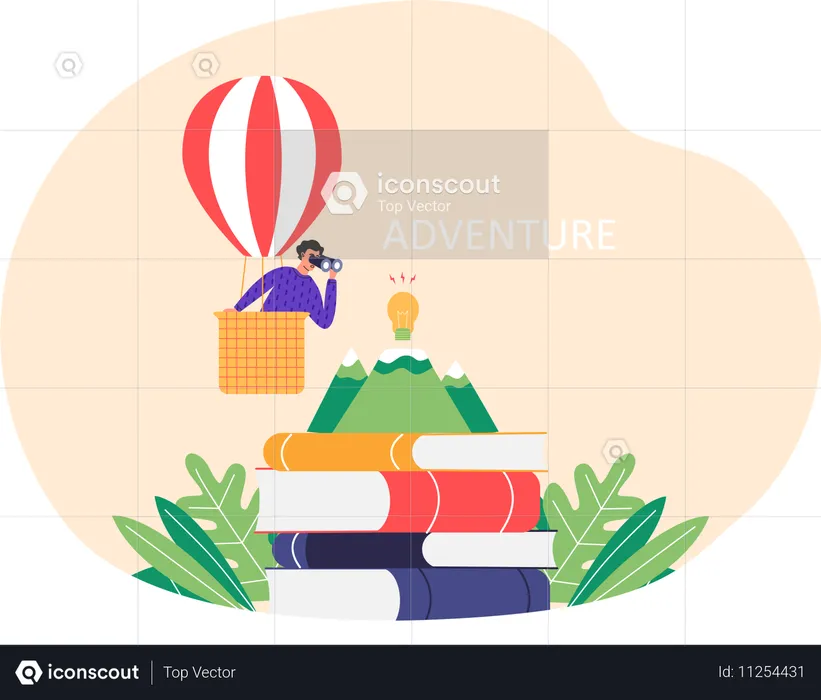 Male traveler with spyglass in hot air balloon with basket in sky  Illustration