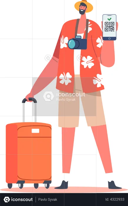 Male Traveler with Suitcase Showing Qr Code of Covid-19 Vaccination  Illustration