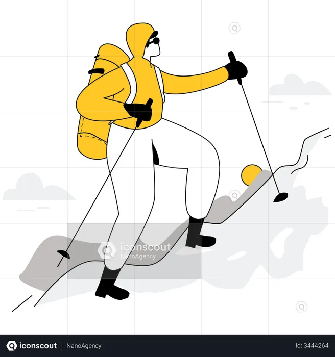 Male trekker climbing mountain  Illustration