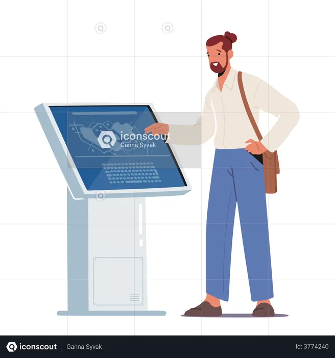 Male Using Kiosk Reading Information on Digital Screen with Area Plan  Illustration