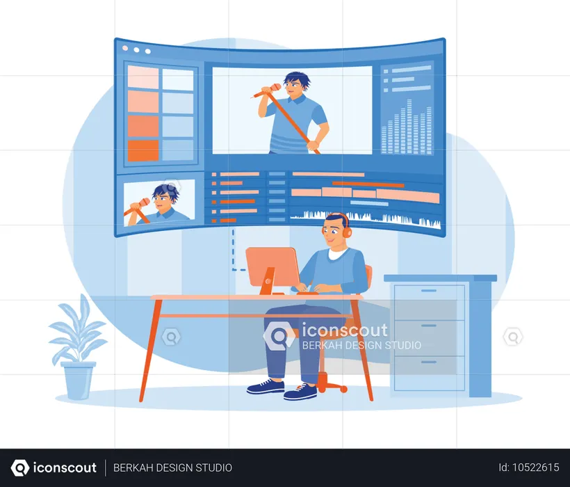 ヘッドフォンを使ってコンピューター画面上の歌手のビデオ録画を編集している男性ビデオ編集者  イラスト