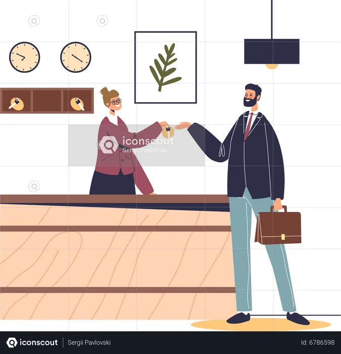 Male visitor checking in hotel at reception in lobby  Illustration