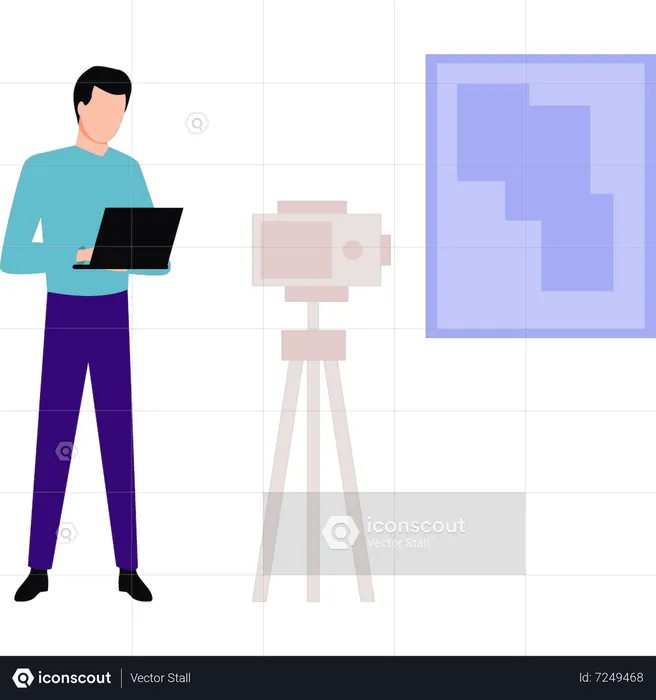 Male vlogger standing next to tripod  Illustration