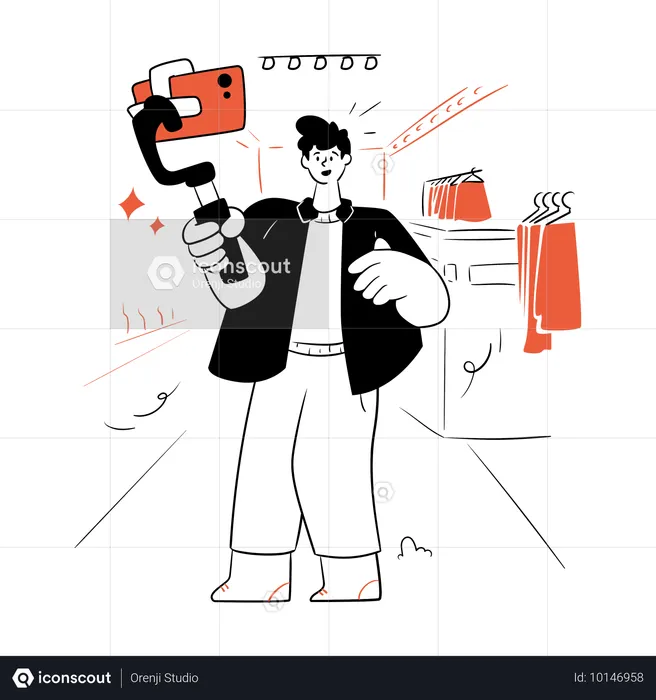 Male vlogger taking selfie front of store  Illustration