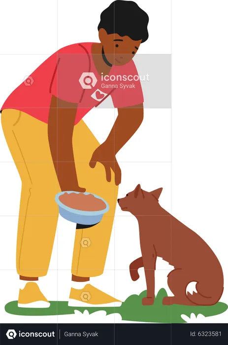 Male volunteer feeding dog in animal shelter  Illustration