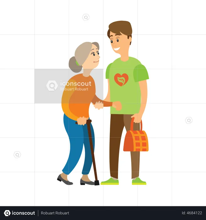 Male volunteer helping old woman  Illustration