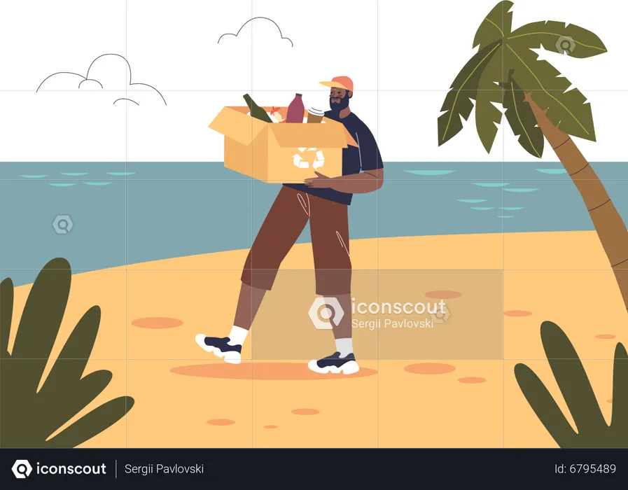 Male volunteer hold box with waste and litter at beach  Illustration