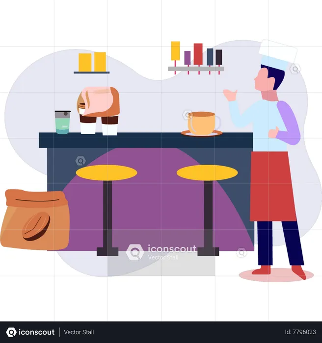 Male waiter at counter  Illustration