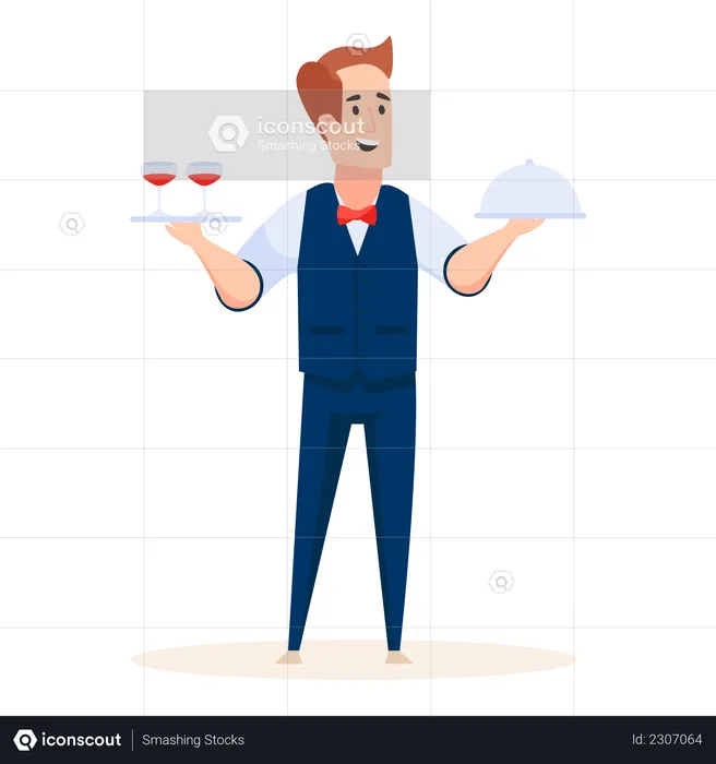 Male waiter holding drinks and food in his hand  Illustration