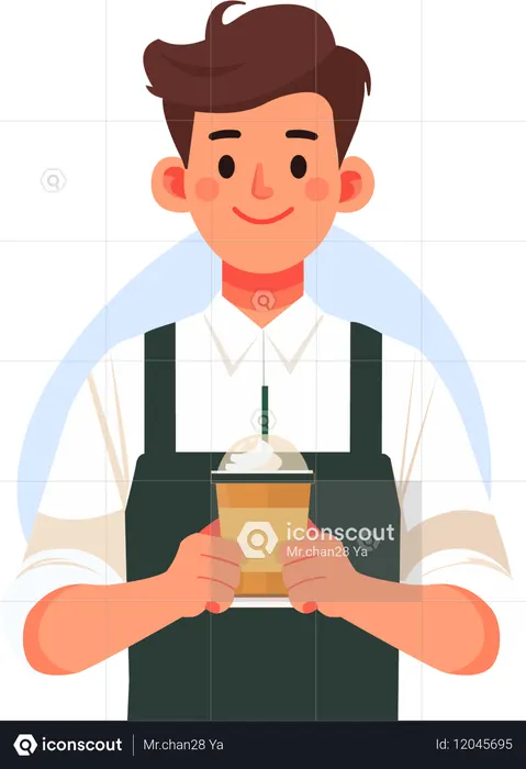 Male waiter serves coffee to customers  Illustration